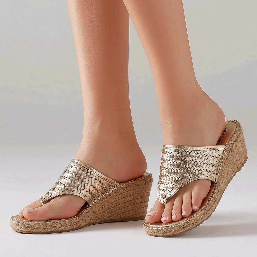André Assous Alyssa Wedge‎ Sandals Gold Woven Leather Espadrille Boho 9 M